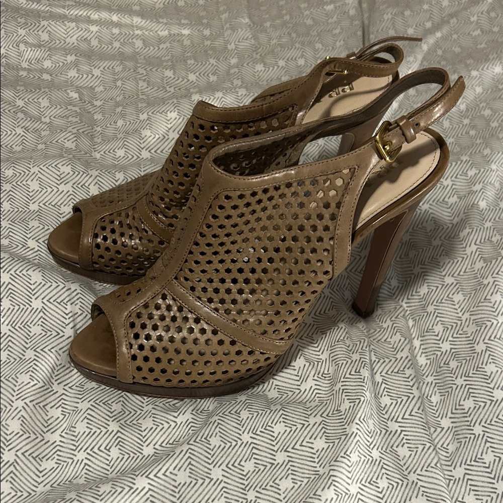 Prada Laser Cut Leather Brown Peep-Toe Slingback Heels - 39 - Picture 1 of 6
